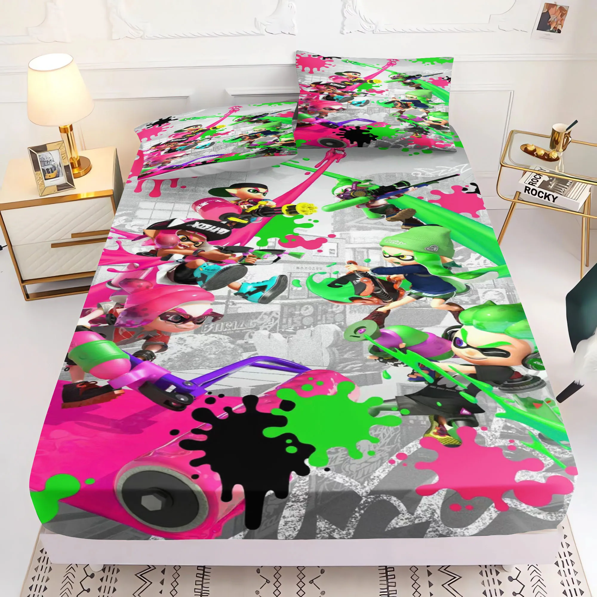 Set di Biancheria da Letto a Tema Splatoon, Lenzuolo con Angoli in Morbida Microfibra per Camere dei Bambini e Arredamento Casa - immagine 2