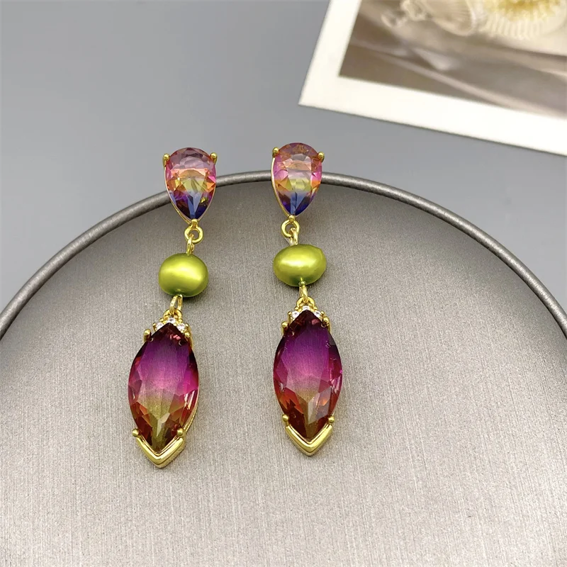 

Korean Water Drop Shape Colorful Crystal Glass Freshwater Pearl Tassel Drop Earrings Romantic Elegant Earrings Plating 18k Gold