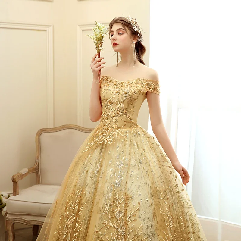 Off The Shoulder Party Gold Quinceanera Dress New Prom Dress Ball Gown Vintage Lace Quinceanera Gown Plus Size