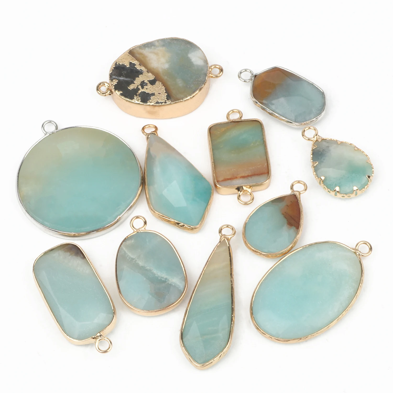 Trendy Natural Amazonite Gold-Plated Edge Charms Pendant Water Drop Oval Round Pendant for Jewelry Making DIY Necklace Bracelets 5