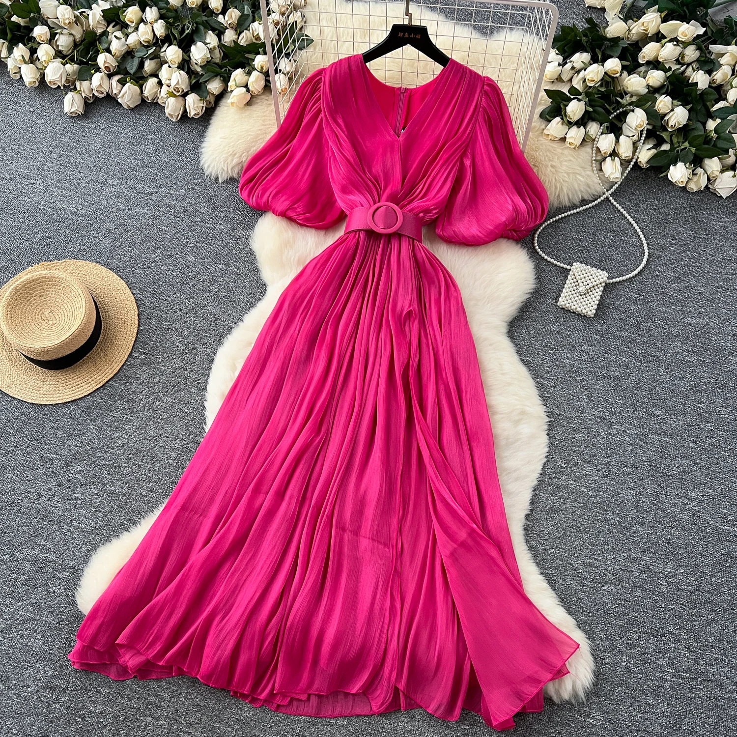 Vintage Elegant sweet puff sleeve split Dress A-line Chic Casual Beach Vacation Women Summer dresses