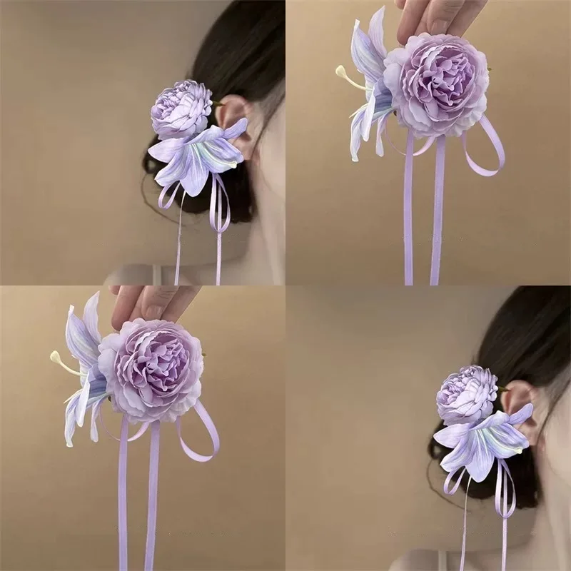 Damen-Haarspangen mit Blumenmuster, sanfte Taropaste, lila, superfeenhafte Blume, langes Band, Haarnadel, süßer Waldstil, süßes Kopf-Accessoire