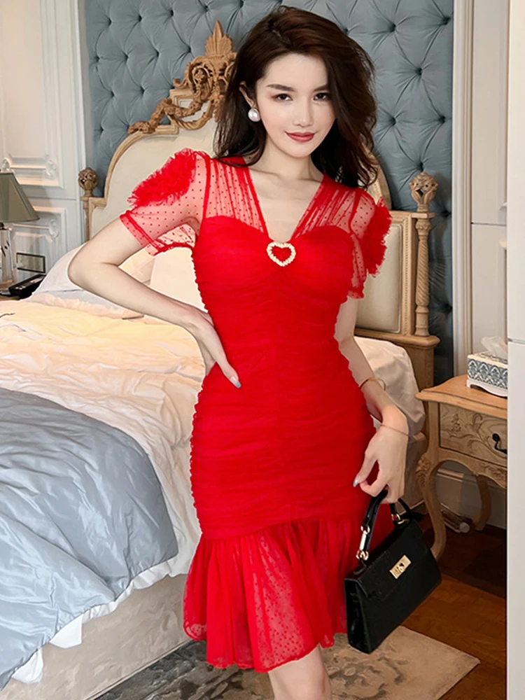 

Summer Women Mini Dress Elegant Sweet Sexy Sheer See Through Mesh Dot Love Pearl Short Sleeve Bag Hip Mermaid Gown Party Vestido