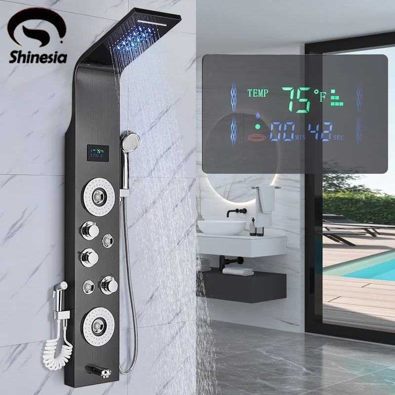 Shinesia LED Shower Panel Rainfall Bathroom Column Mixer Wall Mounted Shower System Set With SPA Massage Jet Bidet Sprayer