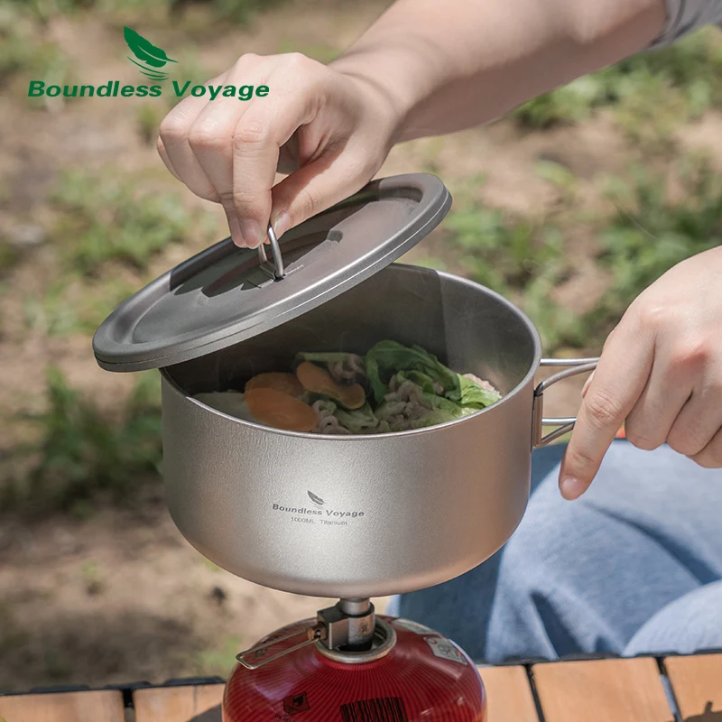 Titanium Camping Pot with Lid Ultralight Outdoor Cooking Pot Single Layer Lunch Box with Folding Handle Boundless Voyage Ti2041C kitchen utensils,camping cookware,camping cookware set