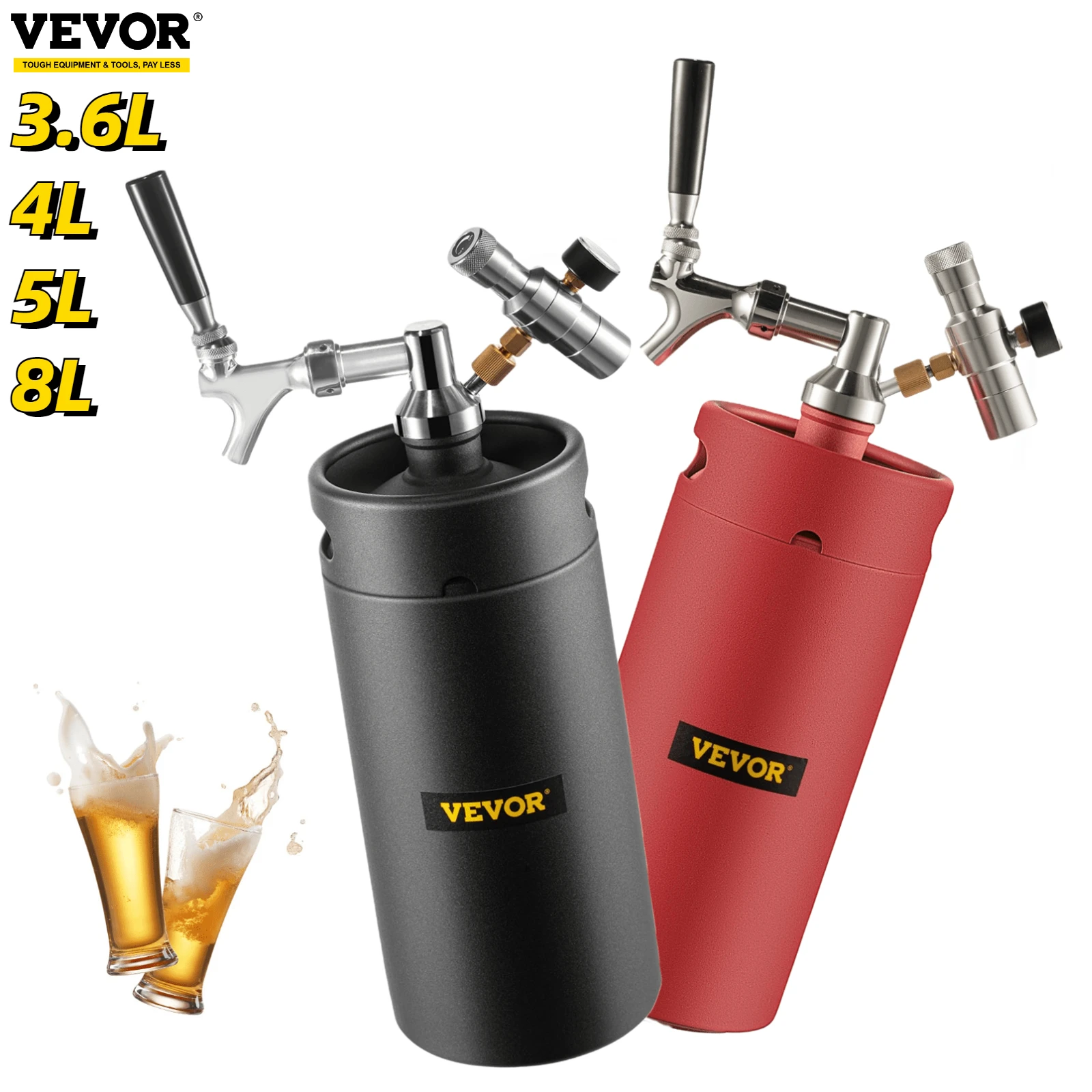VEVOR Beer Growler Tap System 4L Pressurized Beer Growler 135Oz Mini Keg Black 304 Stainless