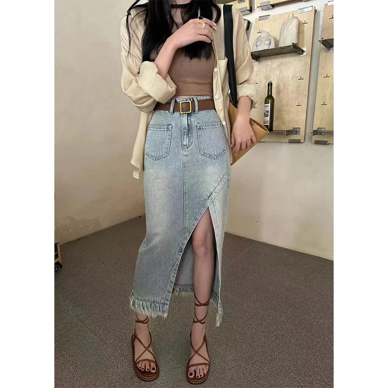 Women's Retro High-Quality Irregular Split Denim Skirt Fashion High-Waisted Slim Long A-Line Chic Pocket Versatile Casual Skirt vintage loose women plaid blazer 2023 autumn chic double breasted ol female long sleeve suit jackets oversized blazers long