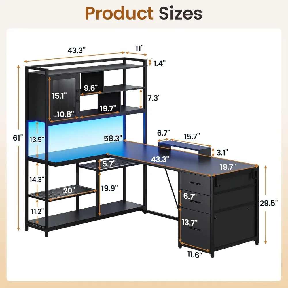 L Shaped Computer Desk, 58'' Office Desk with 3 Drawers and Bookshelf, L Shaped Corner Desk with Storage Shelves and LED Light 6