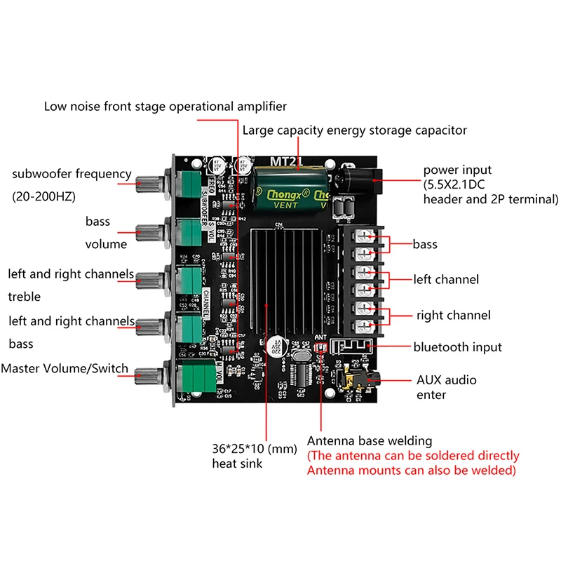 디지털 전력 증폭기 모듈 ZK-MT21, 2.1 채널 블루투스 5.0, 서브우퍼 보드, AUX 12V 24V, 2x50W + 100W