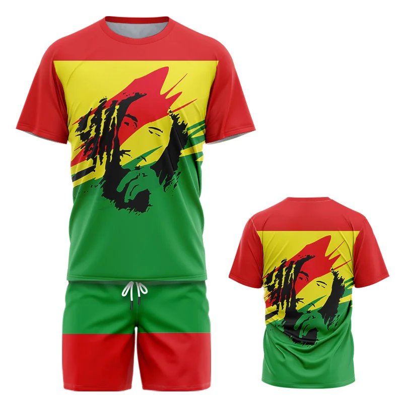 Reggae Rock Singer Bob Mary Jersey Suit Casual Trend Short Sleeve+Shorts Two-Piece Men Oversize Clothes Loose Sportswear mary