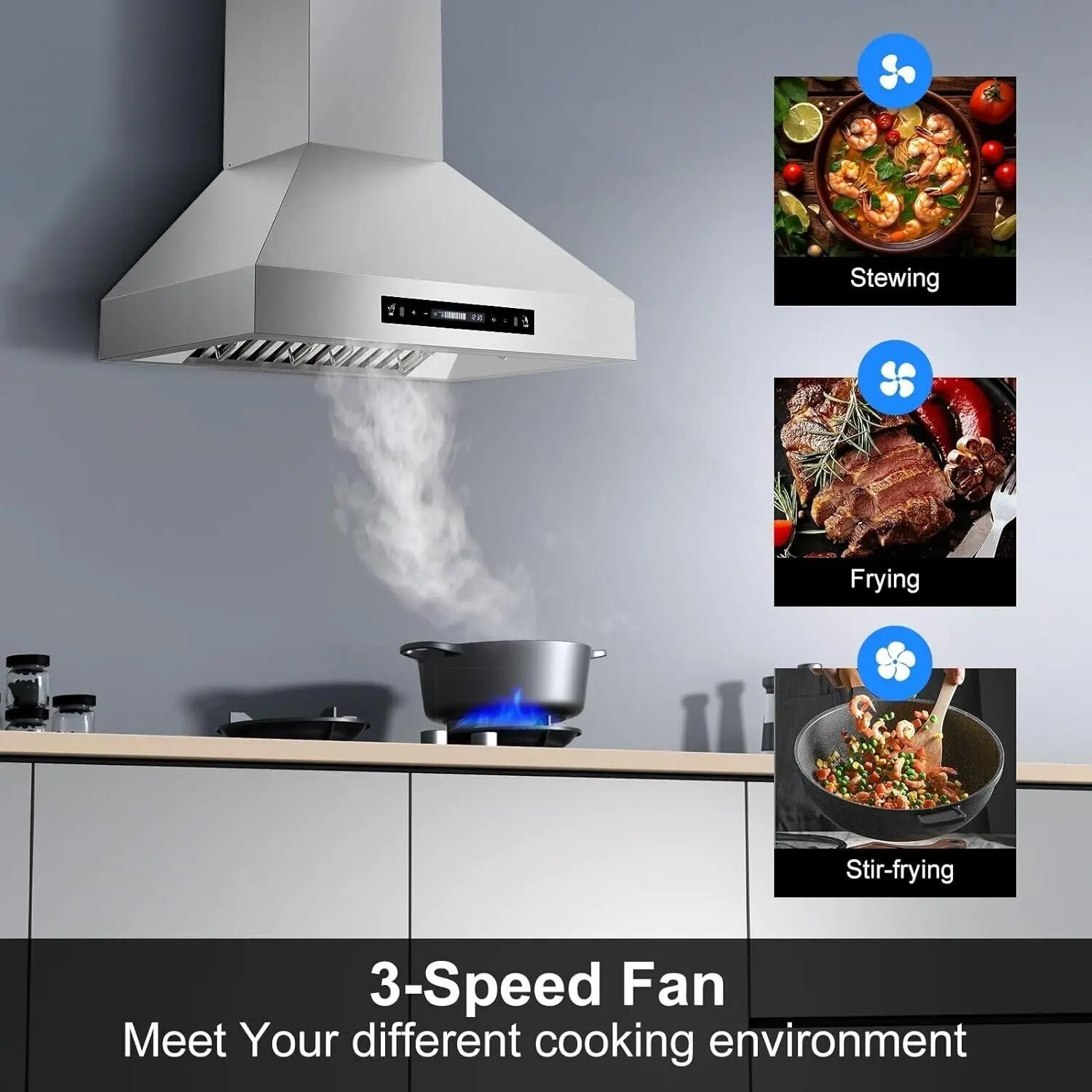 Tieasy 900CFM 30-inch Wall Mount Stainless Steel 3-Speed Fan Touch Screen LED Light Range Hood USGD2875 images - 6