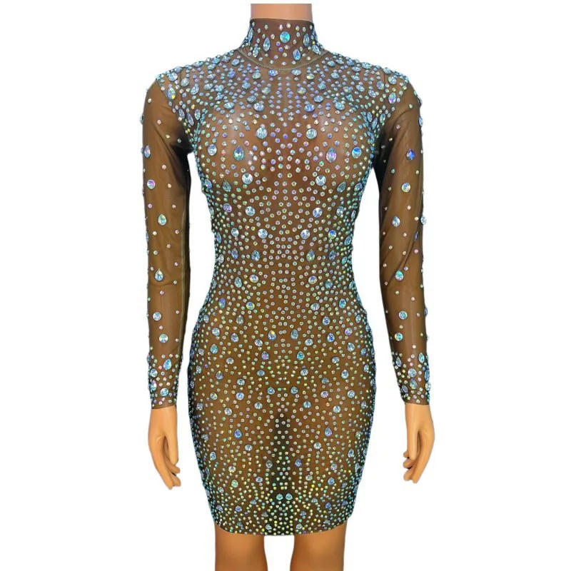 

Luxury Shining Rhinestones Mesh Elastic Tight Short Dress Celebrity Singer Stage Performance Costume Birthday Party Night Out