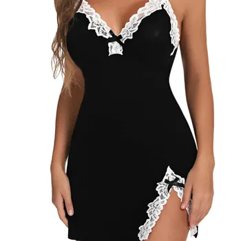 Women Sleepwear Lace Silk Satin Nightdress Sexy Lingerie Sleeveless Nighties V-neck Nightgown Nightdress Nightwear Sleepshirts 6