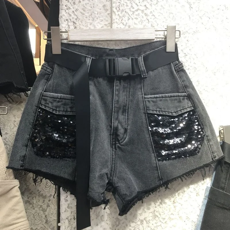 Sequins Denim Shorts Women High Waist Zipper Pockets Straight Jeans Women Short Fashion Streetwear Harajuku Sexy Shorts Female