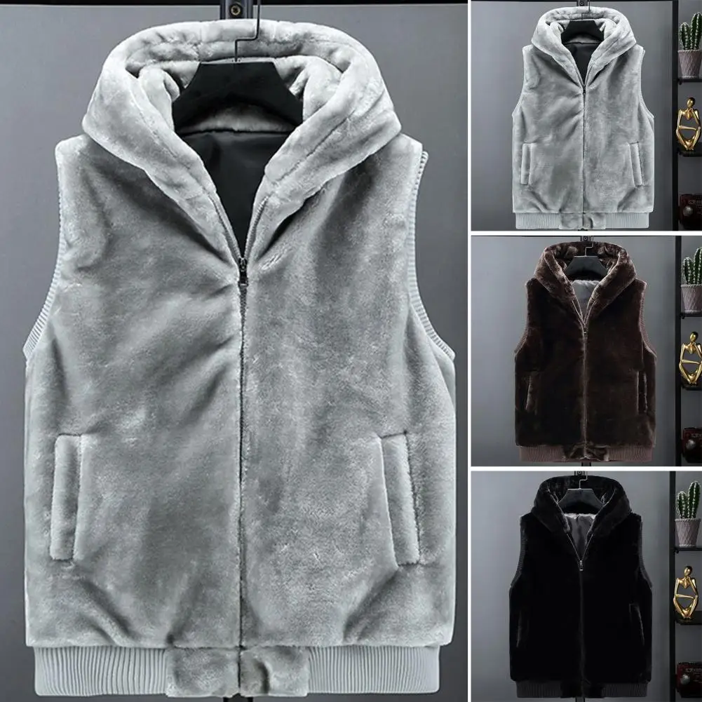 

Faux Fur Jacket Cozy Men's Winter Vest Plush Faux Fur Hooded Sleeveless Waistcoat with Zipper Closure Pockets Plus Size Warmth
