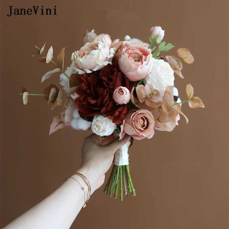 

JaneVini Vintage Western Bridal Bouquets Handmade Silk Roses Wedding Flowers Hydrangea Fall Artificial Bride Bouquet Marie 2022