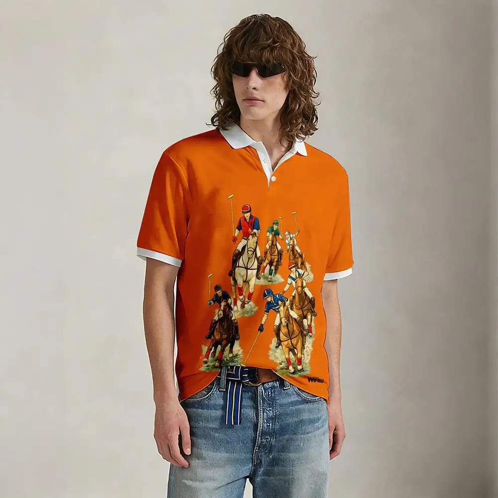 Neues schwarz-weiß gestreiftes Poloshirt für Herren, WIFRU, Sommer-Reitsport-Print, lässiges Revers-Top, Outdoor-Sport, atmungsaktives Golf-Shirt – Detail 2