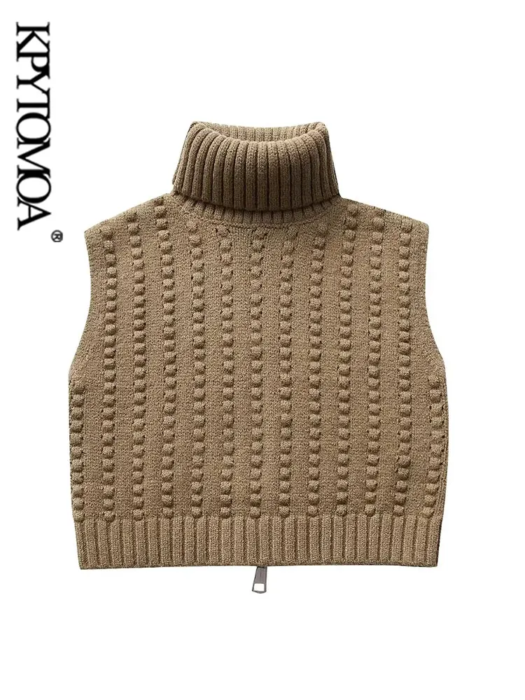 

KPYTOMOA-Cropped Textured Knit Sweater for Women, High Neck, Back Zipper, Female Waistcoat, Chic Vest Tops, Fashion