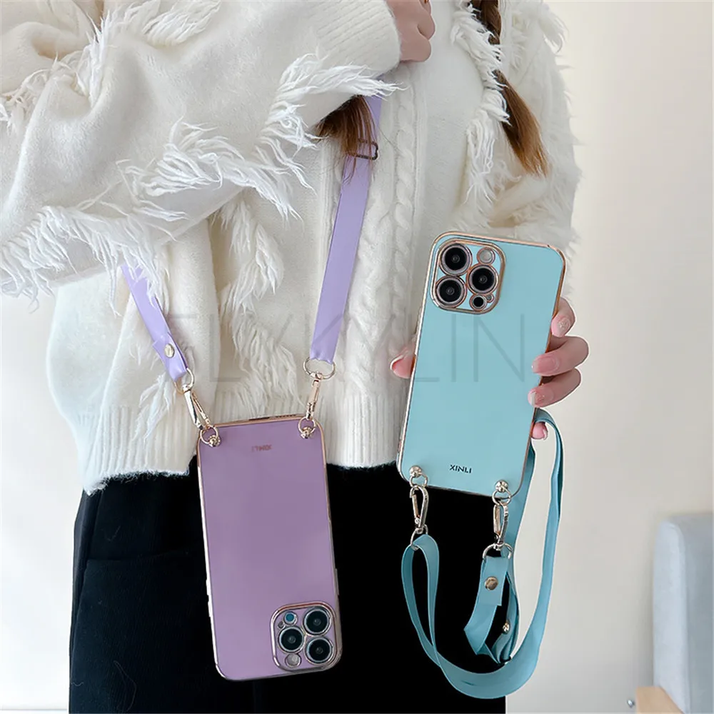 Enhanced Crossbody Lanyard Necklace Phone Case with Plating Soft Silicone Cover