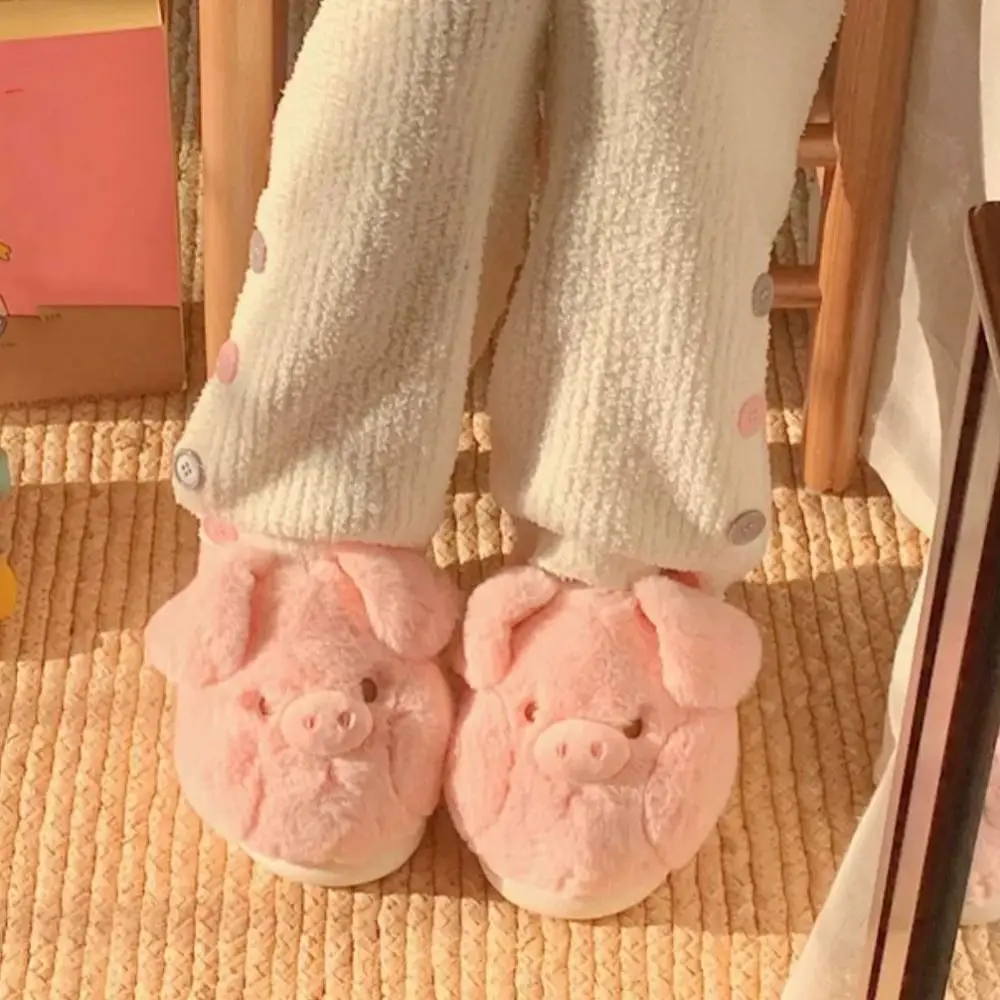 Soft Homewear Pig Slippers Thicken Anti-slip Winter Warm Slippers Thick Soled Cartoon Furry Cotton Shoes Girls