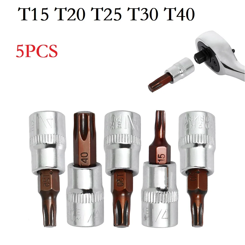 Description Picture 6 of item5pcs Torx Screwdriver Sockets Bits Set 1/4 Inch Drive Socket Ratchet Socket Wrench Adapter Hand Tools T15 T20 T25 T30 T40