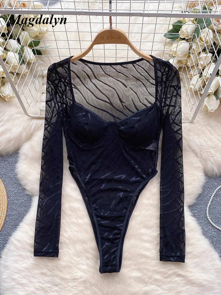 

Magdalyn Women Fashion Ins Sexy Hot Jumpsuits Chic Designes Mesh Push Up Bodycon Combination Onesie Slim Long Sleeves Romper Top