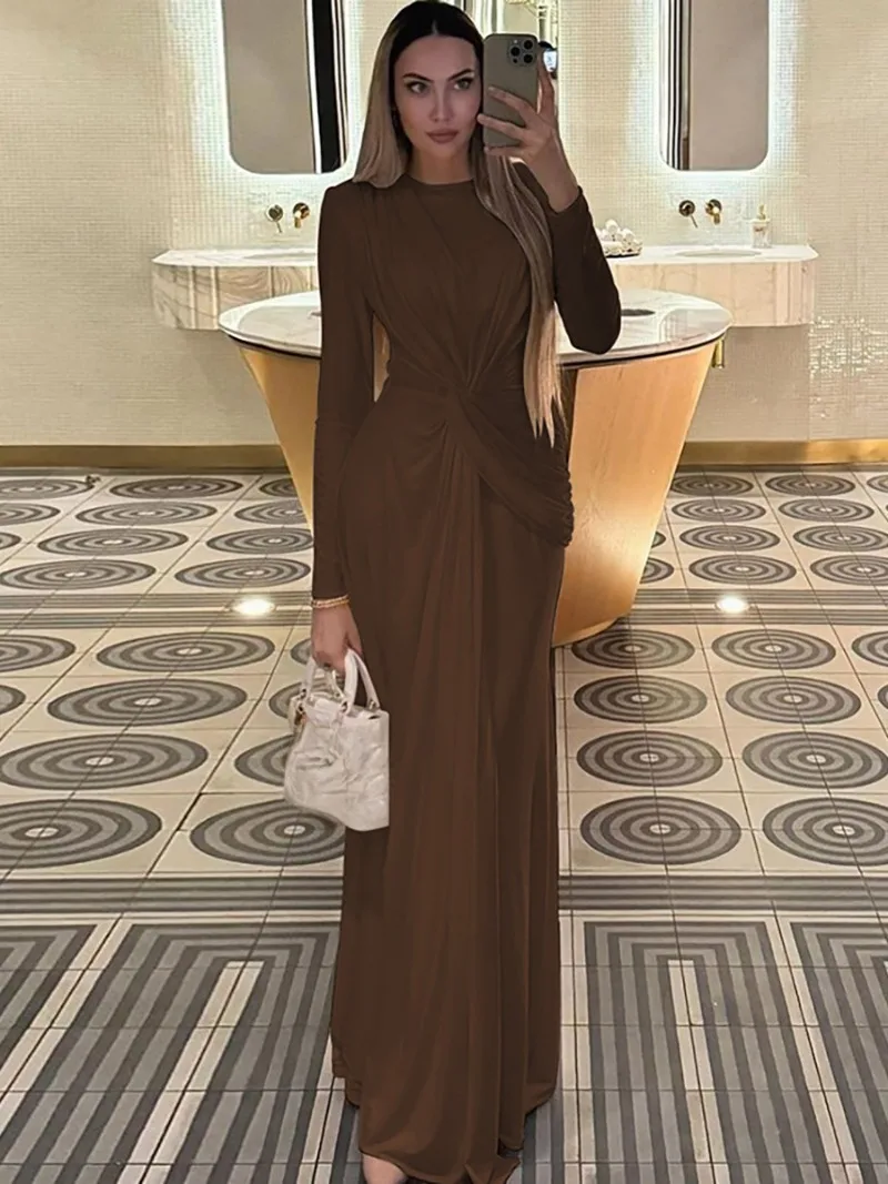 Elegant O-neck Long Sleeve Folds High Waist Bodycon Black Evening Party Dresses Women's Luxury Formal Occasion Prom Dress Gowns 4