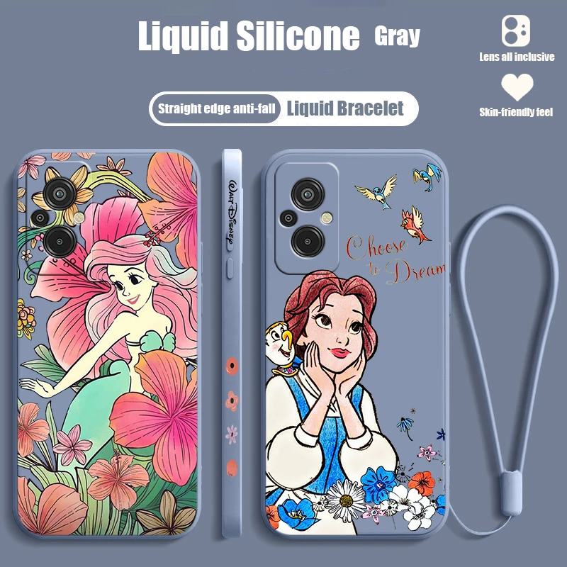 Disney Cute Princess Flowers Per Xiaomi Redmi 12C 11A 10C 10X 9T 9C 9A 9A 8A 7A A2 A1 Plus Prime Liquid Left Rope Phone Case