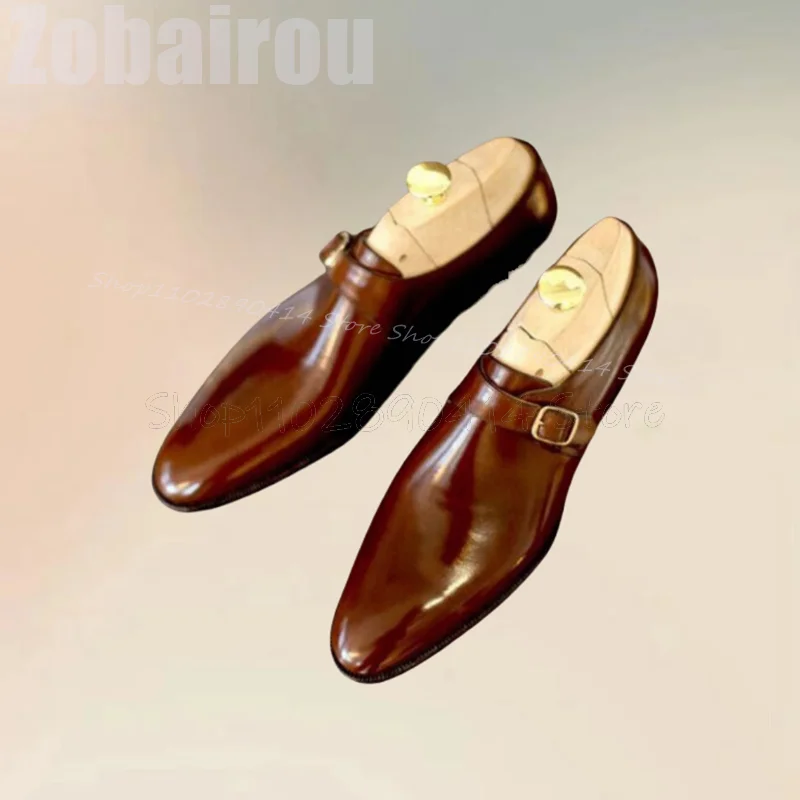 

Brown Buckle Decor Patent Leather Men Loafers Fashion Slip On Men Shoes Luxurious Handmade Party Banquet Office Men Dress Shoes