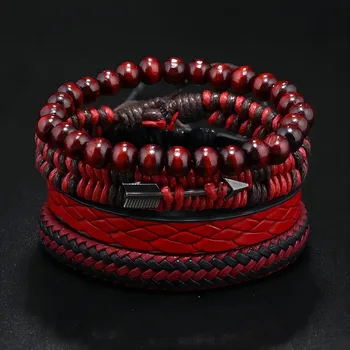 Red Beads Vintage Feather Casual 4 Pc/set Handmade Men Bracelets Male Women Leather Bracelets Men Bangle Wholesale Jewelry Gift