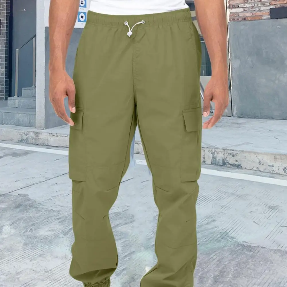 

Men Mid-rise Elastic Waistband Cargo Pants Solid Color Multi Pockets Straight Leg Shrinkable Cuffs Long Trousers Streetwear