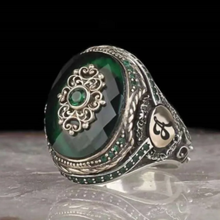 Turkish Handmade Silver Men Rings Vintage Carved Eagle Pattern Black Zircon Stone Punk Muslim Jewelry