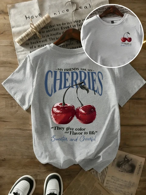 Summer Sweeter Cherries Prints T-Shirts Womens Cotton Oversized T Shirts Basic O-Neck Short Sleeve Tops Casual Woman Clothes 5