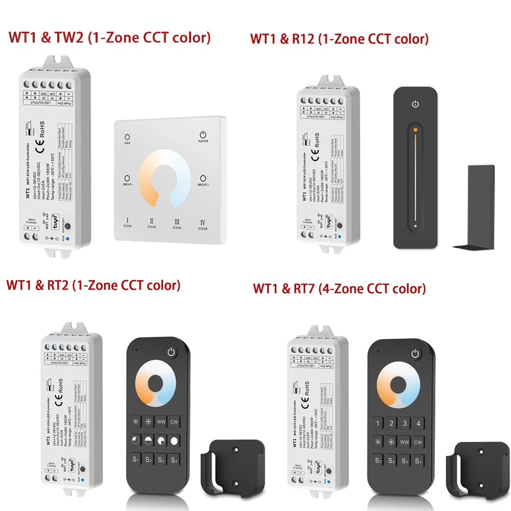 

WT1 Tuya Wifi LED Dimmer DC12V 24V 2CH*5A WW CW CCT Controller 2.4G RF 4-zone Wireless Remote Dimming Switch Smart Life fr Alexa