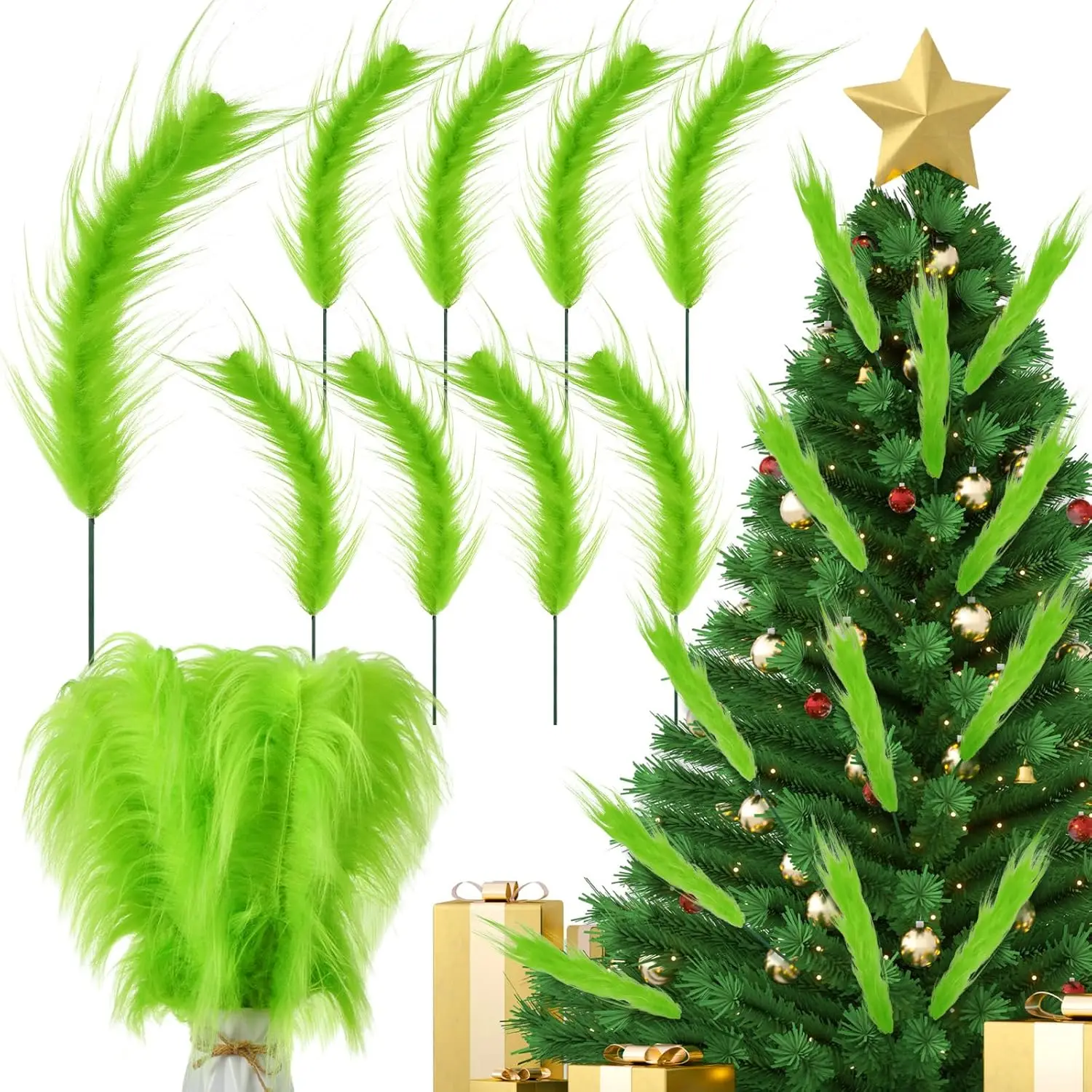12 Pcs Lime Green Christmas Tree Topper 14'' Furry Curly Picks for Xmas ...