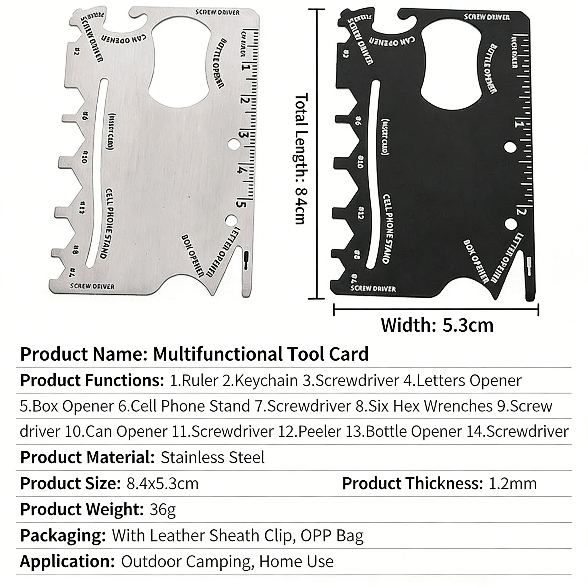 스테인리스 스틸 신용카드형 멀티툴 |   EDC 카드 나이프 (듀얼 스케일 자와 드라이버 포함) |   병따개 카드