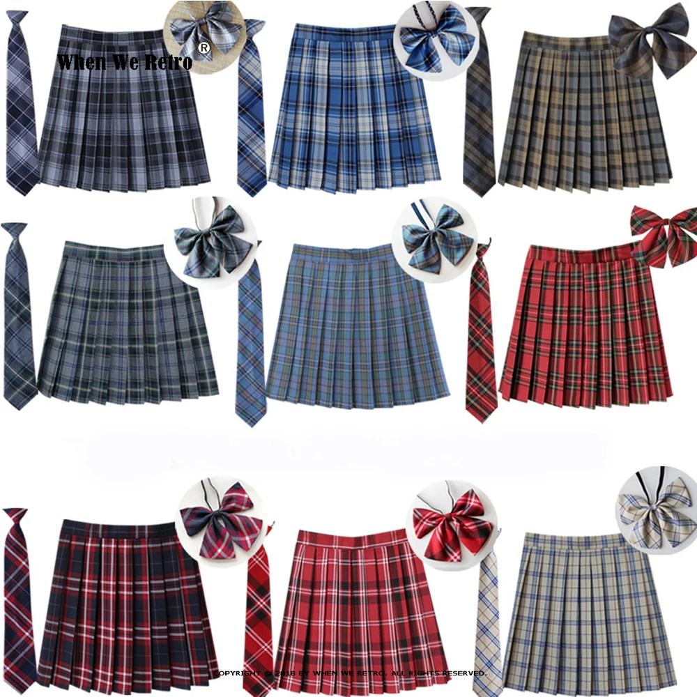 

Korean Jk Plaid Skirts Cosplay Anime Mini Grid Skirt School Uniform High Waist A Line Pleated Skirt With Necktie Bowtie RS185