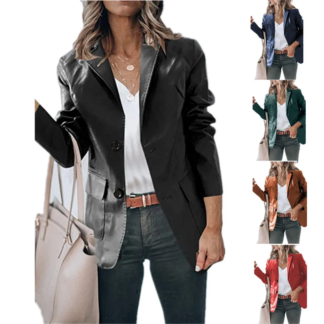 

Everkaki New Coat Women's Temperament Slim Lapel Single-breasted Solid Color PU Leather Long-sleeved Top