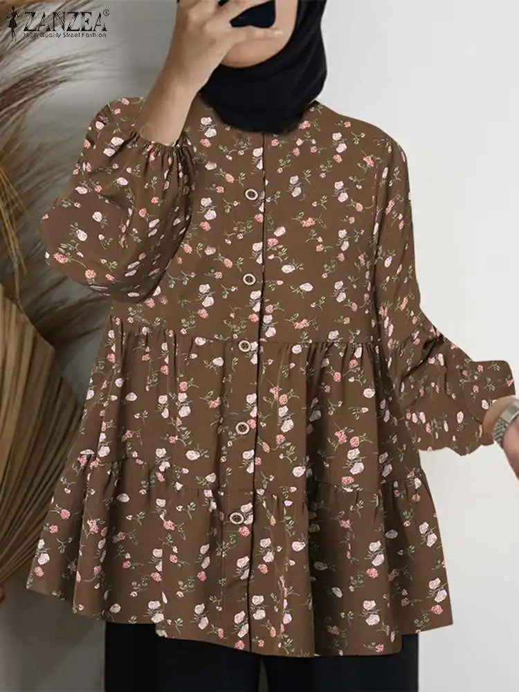 

ZANZEA Elegant Muslim Blouse Stylish Floral Printed Tops Femme Puff Sleeve Eid Mubarek Shirt Woman Spring Vintage Turkey Chemise
