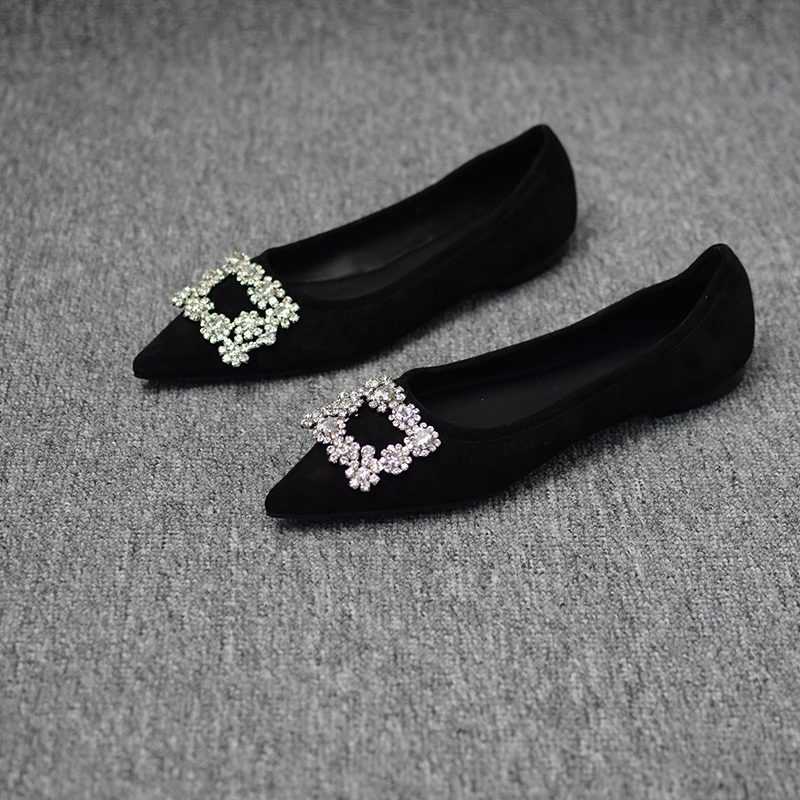2023 Spring and Autumn New Fashion Shallow Mouth Rhinestone Square Buckle Pointed Versatile Women's Flat Bottom Casual Shoes 2