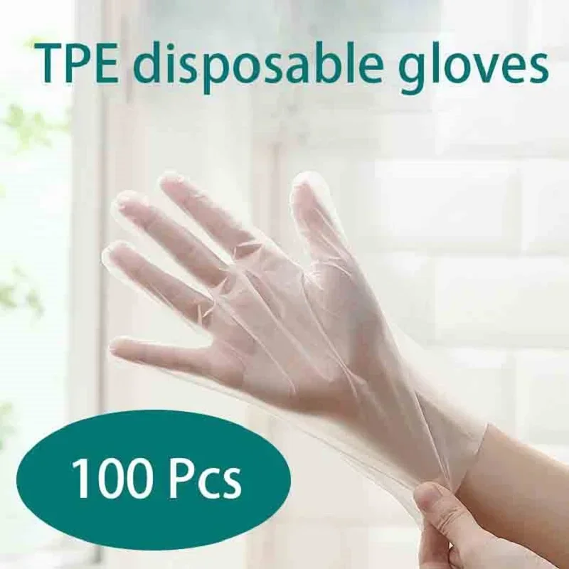100Pcs Rubber Transparent Vinyl TPE Gloves Latex-free Gloves for Laboratory Work for Hairdressing Clean Work Transparent