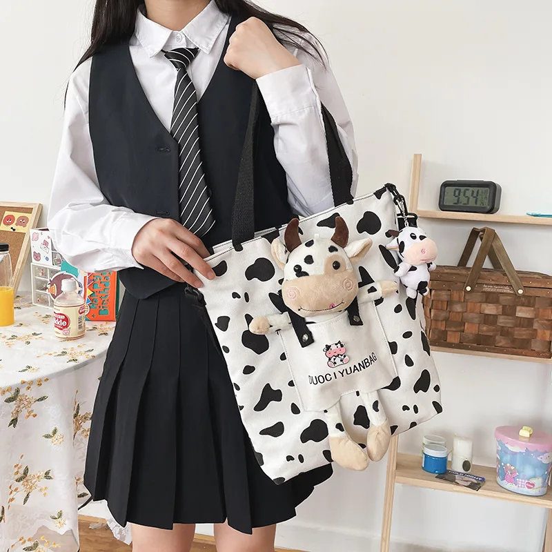

Shoulder Bag Canvas Cute Cartoon Doll Cow Sweet Girls Student Creative Funny Personalized Large Capacity Trend Leisure Shopping