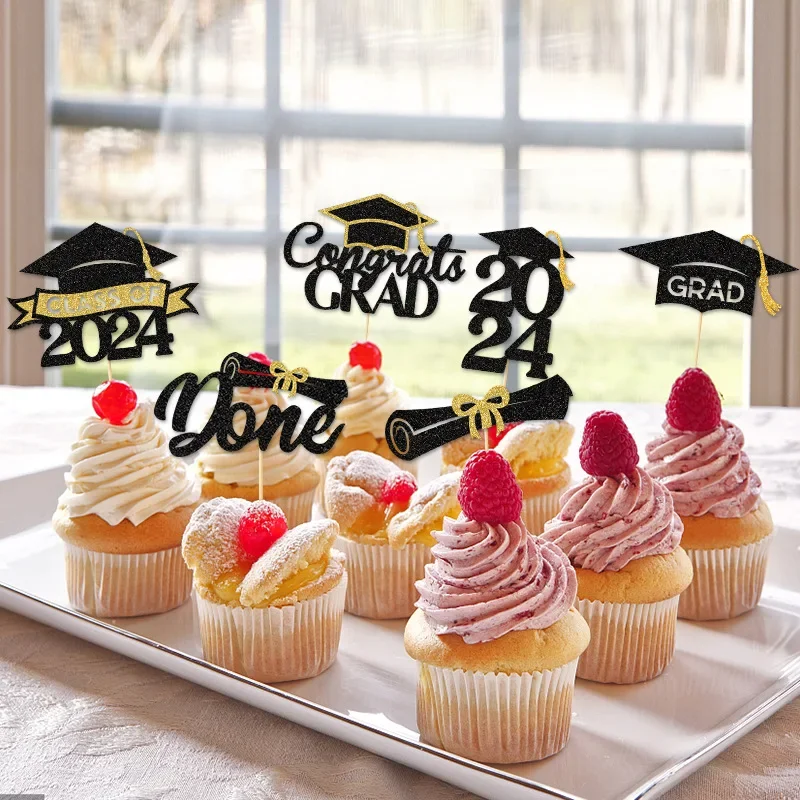 12pc 2024 Graduation Paper Cake Toppers Bachelor Cap Congrasts Grad Cake Picks Congratulation Class of 2024 Graduate Party Decor