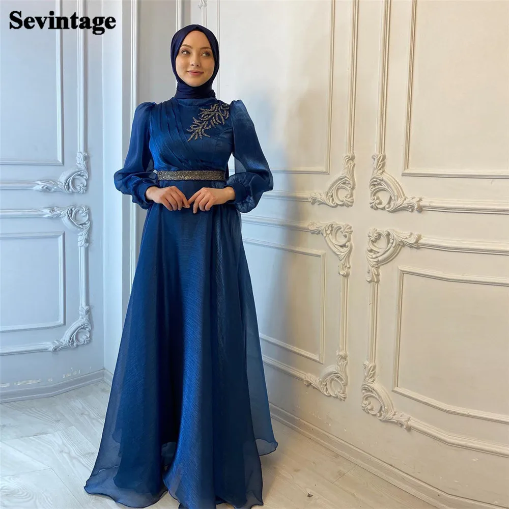 

Sevintage Elegant Royal Blue Arabia Prom Dresses Organza High Neck Long Sleeves Appliques Evening Dresses فساتين للحفلات الراقصة