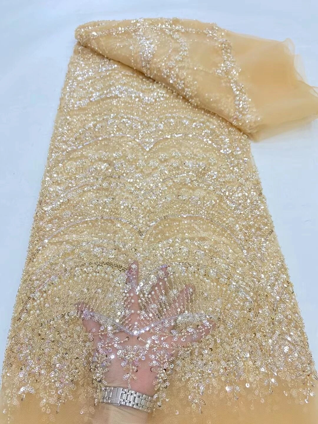 

African Nigerian Tulle Lace Fabric,High Quality，Sequins EmbroideryBeaded, French GuipureWedding Party Dress, 5Yards, 2024