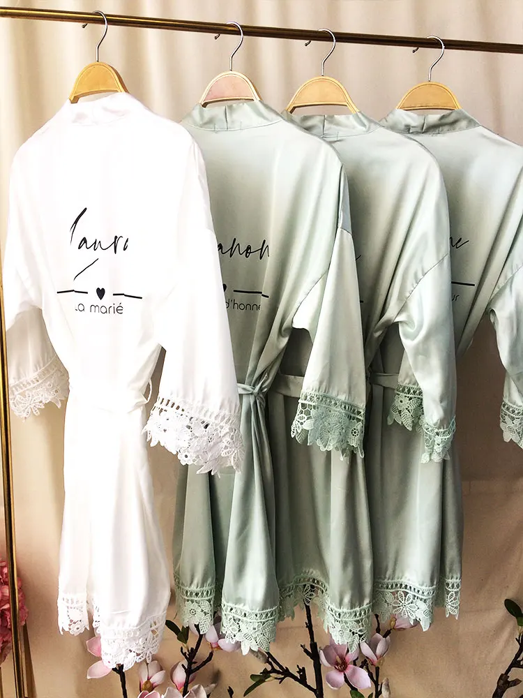 La Mariée White Kimono with Name Gowns for Bride Demoiselle D’Honneur Green Sage Kimono Custom Satin Robe Lace Robes for Wedding
