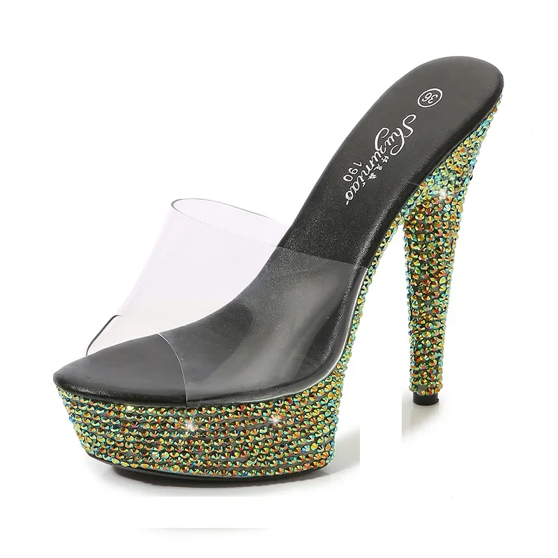 

Green Rhinestone Slippers Summer Transparent Diamond Sandals Nightclub Thin High Heels Sexy Party Walk Show Bling Women Shoes