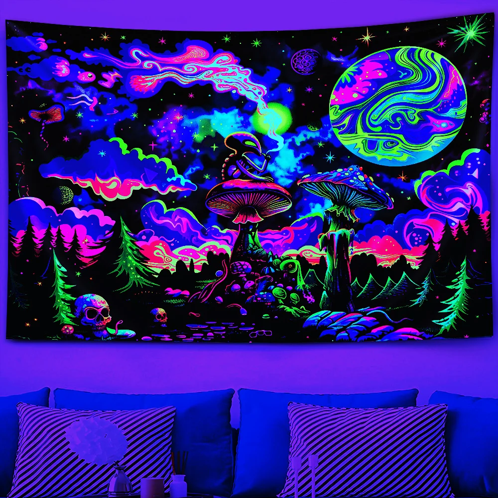 พรมปักลายป่ามหัศจรรย์ VIKAMA ฉากหลังห้องนั่งเล่นทันสมัย แรงบันดาลใจจากเทศกาล ห้องนอนธีมไซคีเดลิกสำหรับตกแต่งโฮมสเตย์ 1