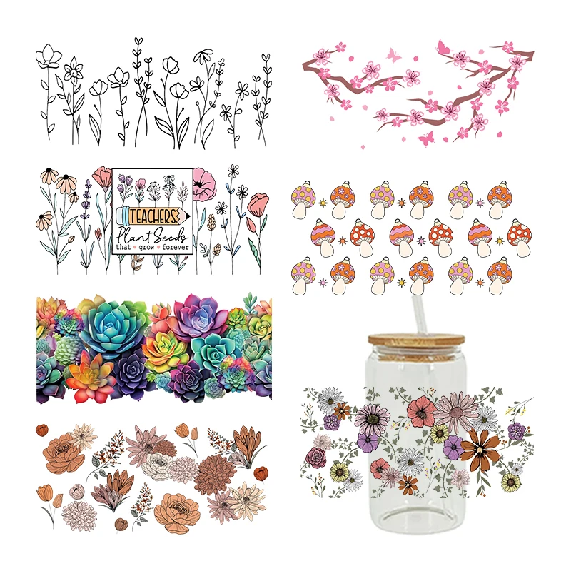UV DTF Transfer Sticker Flower Theme For The 16oz Libbey Glasses Wraps Cup Can DIY Waterproof Easy To Use Custom Decals D7276