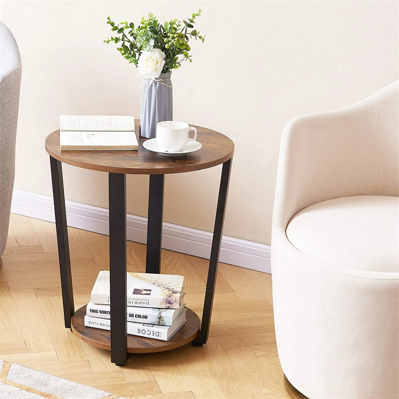 Rustic Round Side Table with Storage Shelf